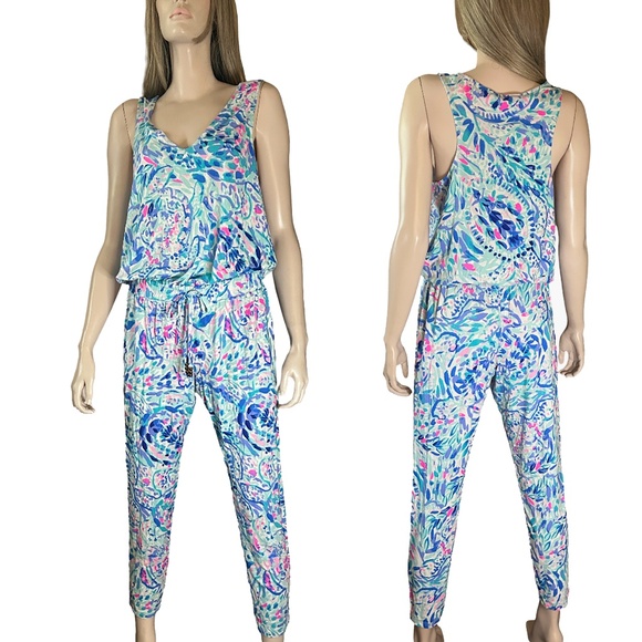 Lilly Pulitzer Rayon Jumpsuit Paulina Breakwater Party Wave Print Racer Back - Picture 2 of 14